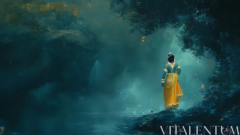 Solitary robed figure near reflective water in dense forest.