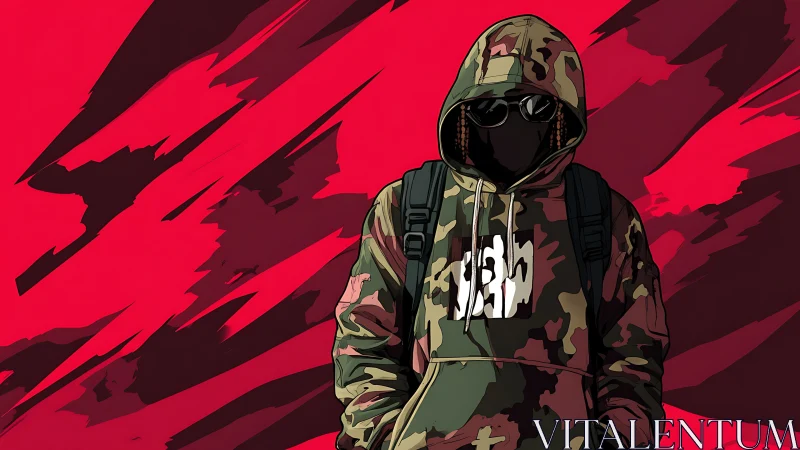 Camouflage ghost strides through crimson digital thunder