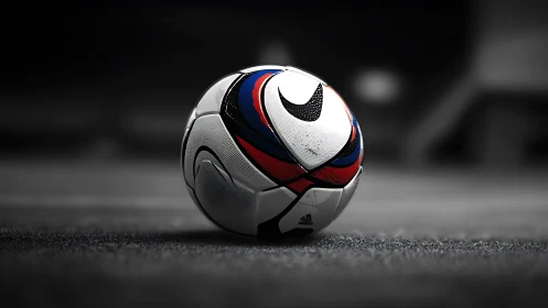 Floodlit soccer ball on textured turf in dramatic focus.
