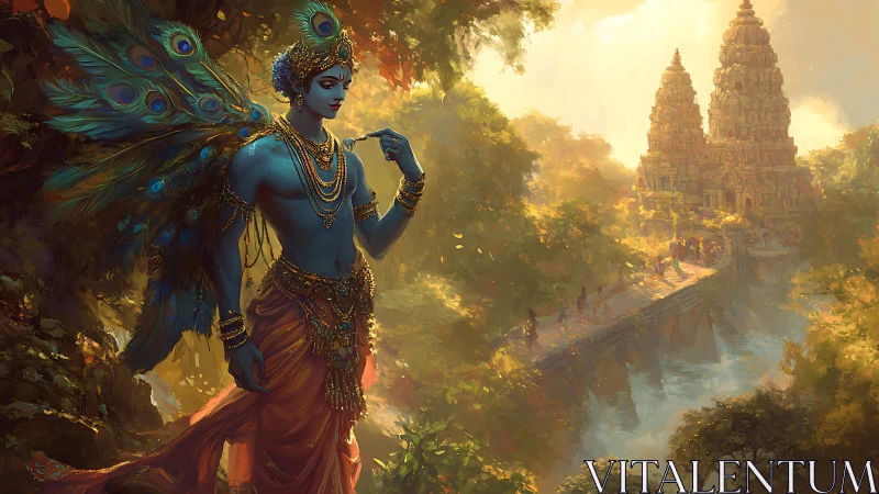 Peacock-winged blue deity near riverside temple at dawn.