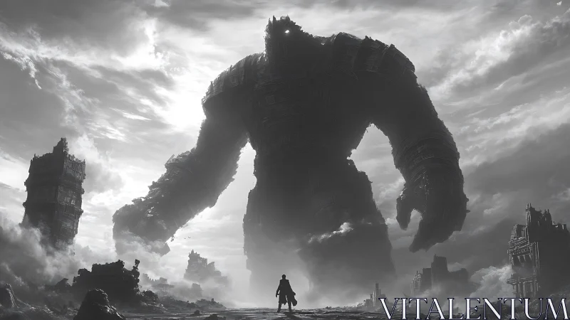 Towering stone colossus meets lone wanderer in misty ruins