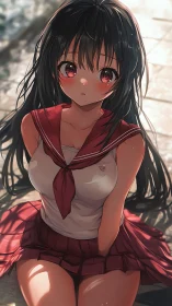Gentle anime schoolgirl sits in warm afternoon sunlight