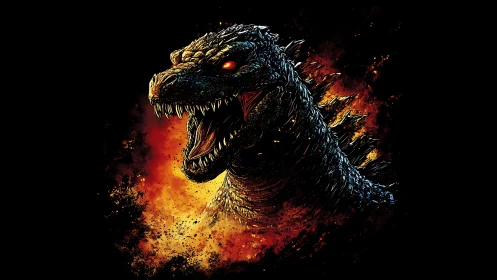 Reptilian kaiju head rendered against high contrast flames