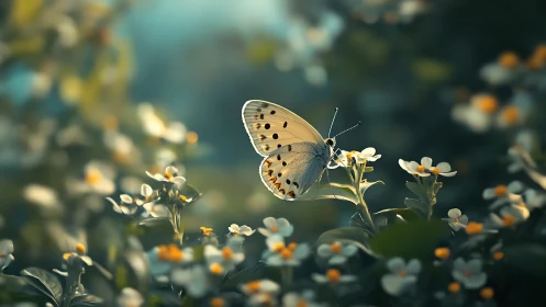 Soft-lit butterfly resting amid glowing meadow flowers.
