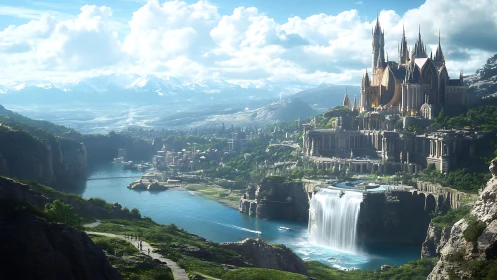 Sunlit cliffside kingdom above a sparkling waterfall river.