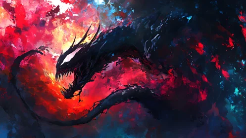 Shadow serpent lunges through inferno of red and blue light.