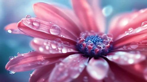 Dewlit pink petals cradle a sapphire bloom at sunrise.