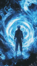 Silhouetted anime figure framed by concentric blue energy vortex