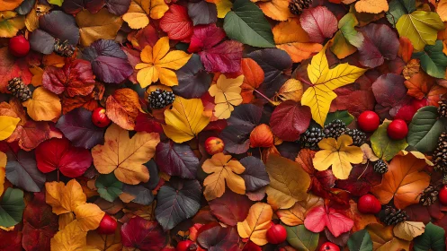 Mixed autumn foliage, berries and cones in dense flat layout.