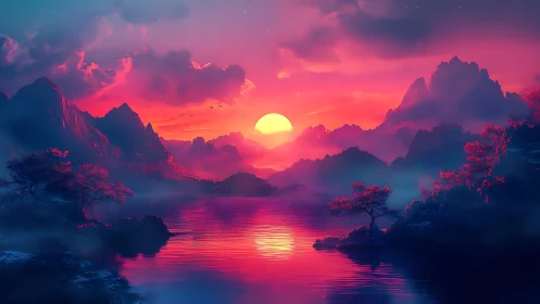 Sunset over stylized mountains and reflective lake surface.