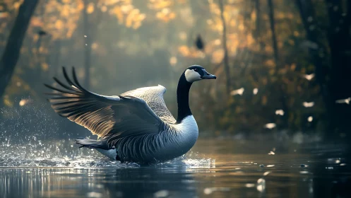 Majestic Canada Goose Landing on Serene Lake in Autumn Light.