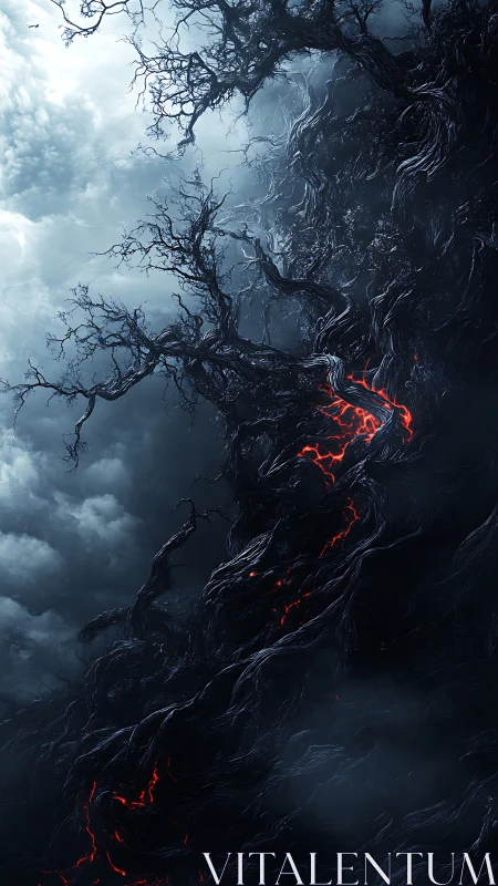 Twisted tree-like forms rise against clouds with red fissures