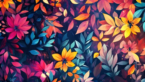 Digital floral pattern arranges multicolored leaves and blooms