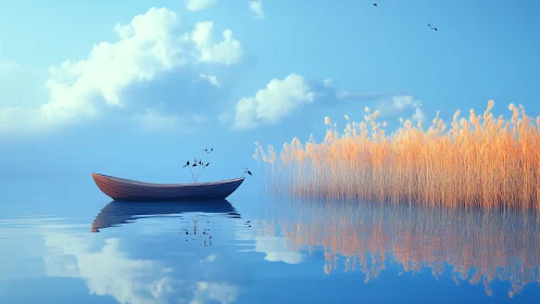 Lone wooden skiff in hyperreal mirrored lake environment.
