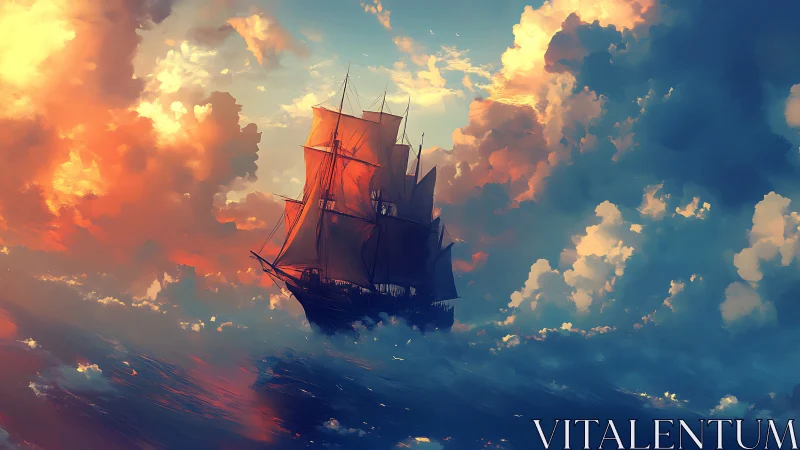 Tall ship cuts glowing sunset clouds above rolling sea.