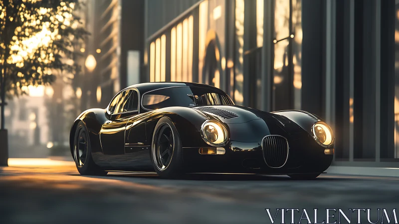 Retro-styled black sports coupe rendered in cinematic 3D lighting.