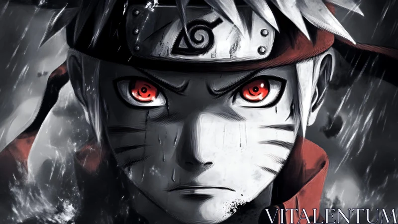 Intense anime warrior portrait with glowing red eyes in rain