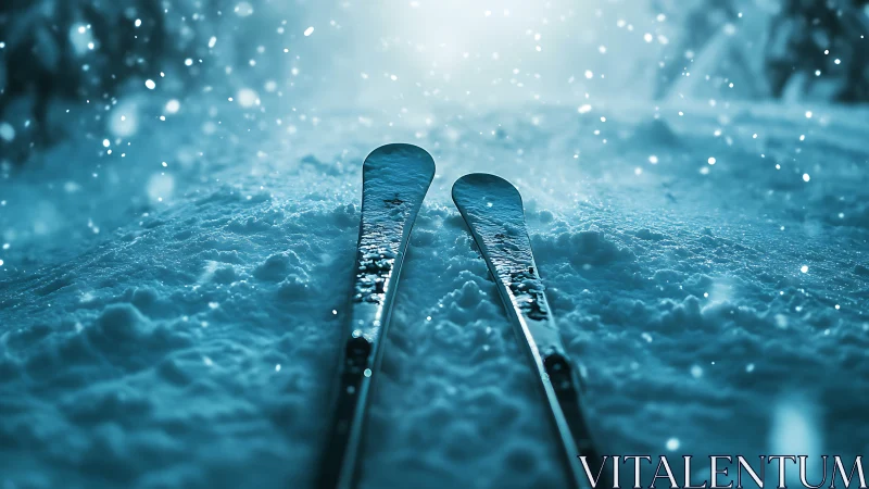 Fresh skis resting in soft blue snow, ready for adventure.