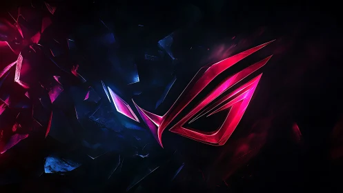 Geometric red emblem is rendered within fragmented dark field