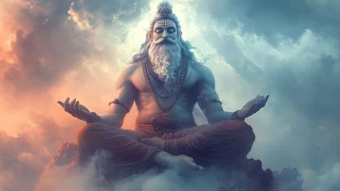 Serene sky sage in meditation among glowing painted clouds.