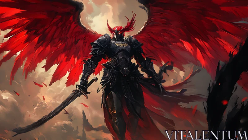 Armored fallen angel spreads crimson wings in battle haze