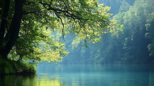 Sunlit forest canopy resting over a quiet turquoise lake.