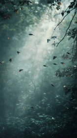 Falling Leaves Against Misty Forest Light.