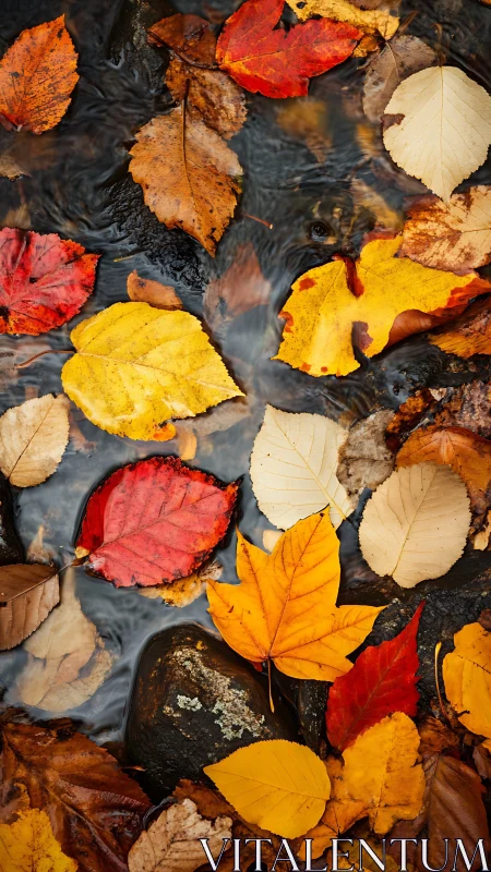 Golden autumn leaves drift gently across a quiet stream