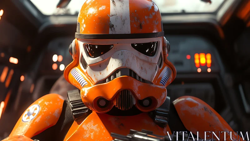 Orange armored space trooper rendered in cinematic 3D close-up