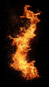 Vertical Flame Column with Particle Dispersion on Black Background.