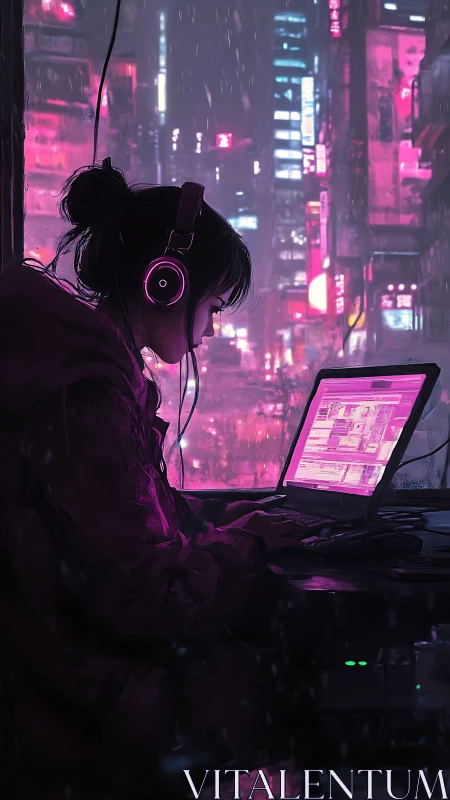 Neon city coder profiles against rain-soaked skyline.