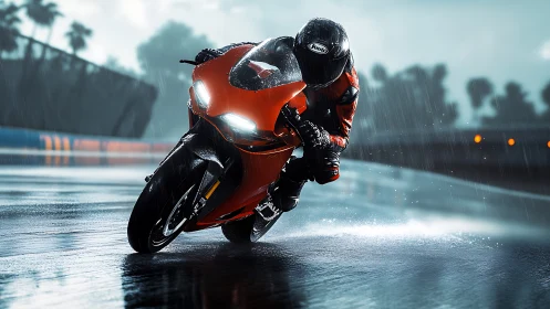Red superbike leans into a wet racetrack corner in heavy rain.