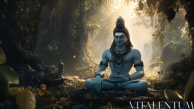 Serene blue deity in luminous forest meditation scene.