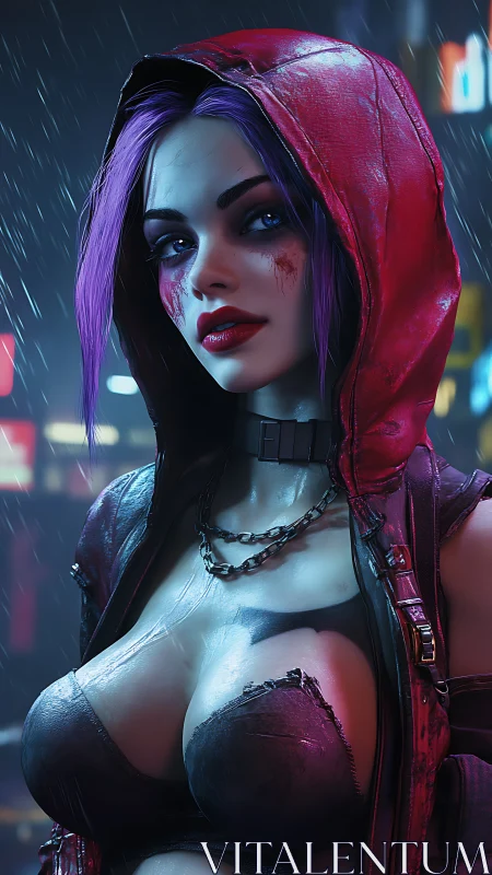 Cyberpunk female figure stands in rain with red hooded jacket