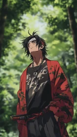 Samurai streetwear wanderer stands beneath sunlit forest canopy