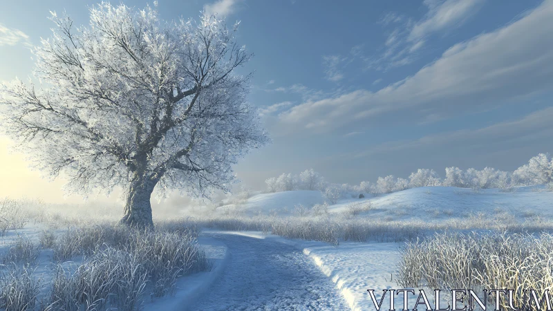Frosted winter tree beside winding snowy path at sunrise.