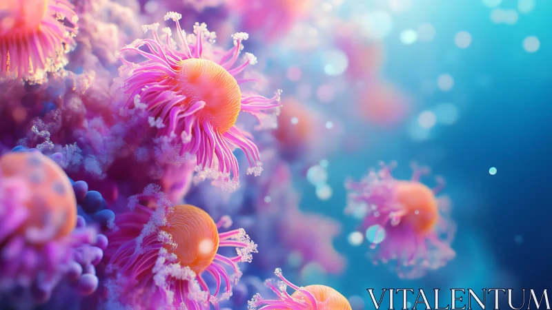 Digital rendering of luminous jellyfish in blue water.