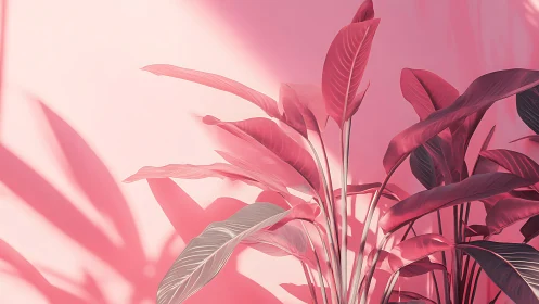 Monochrome pink tropical leaves against soft wall backdrop.