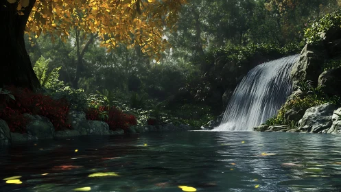 Sunlit forest waterfall descends into reflective calm pool