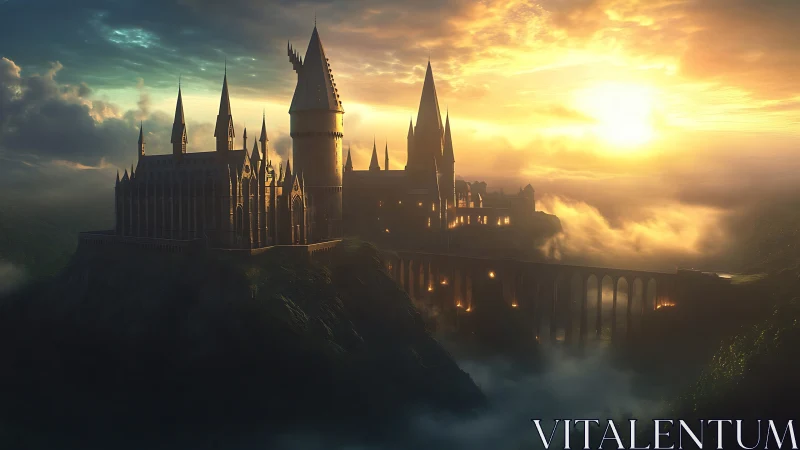 Sunlit fortress complex stands above mist-filled valley