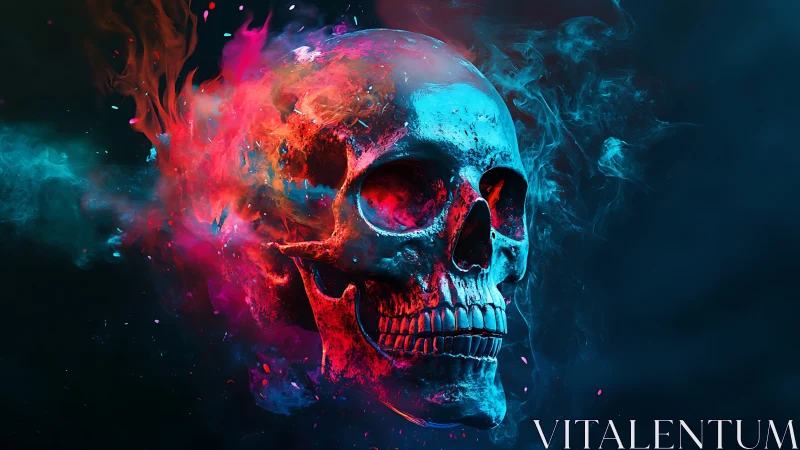 Human skull rendered in vivid red and blue neon flames