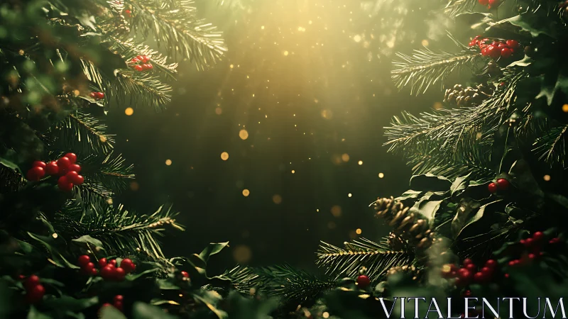 Luminous conifer boughs framing volumetric festive light field.