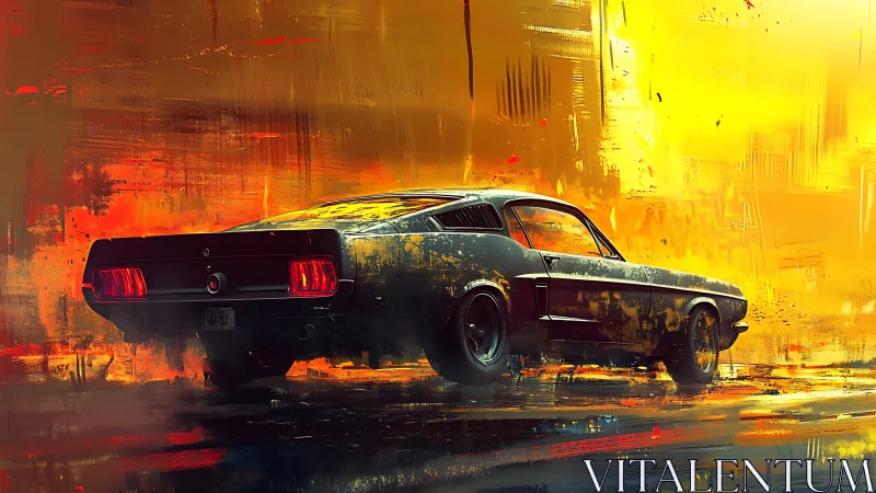 Muscle car powers through a blazing golden abstract sunset