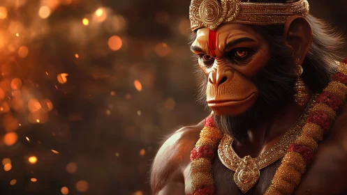 Ember-lit monkey warrior crowned in divine gold regalia.