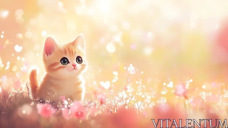 Luminous Kitten Discovers Wonder in Bloom-Scattered Meadow