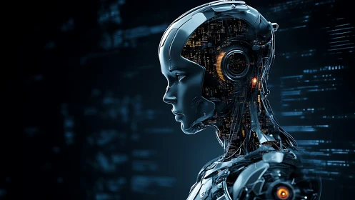 Chrome sentient silhouette brooding in neon circuitry hush.