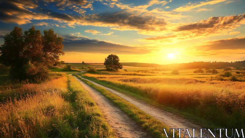 Rural dirt track crossing golden meadow under low sunset sky