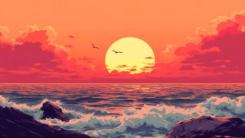 Chromatic ocean sunset with silhouetted seabirds and surf dynamics.