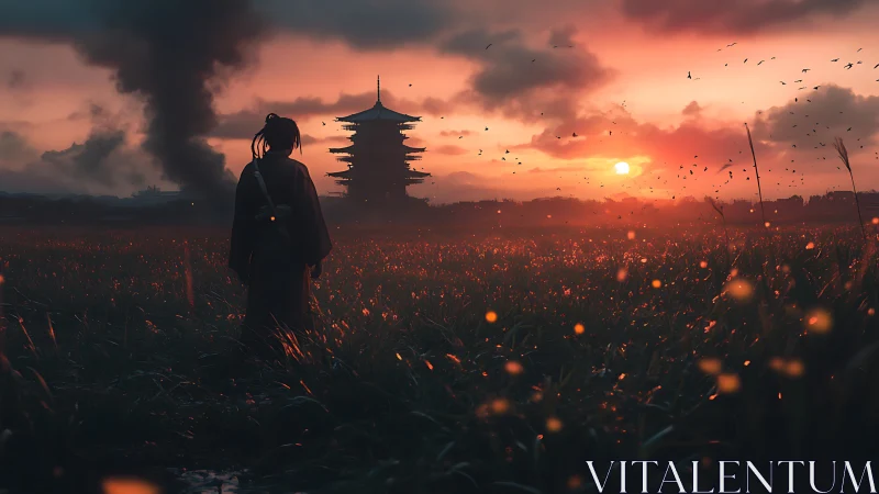 Silent wanderer meets a glowing pagoda at burning sunset