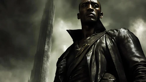 Stormlit sentinel beneath the looming obsidian tower skyward.